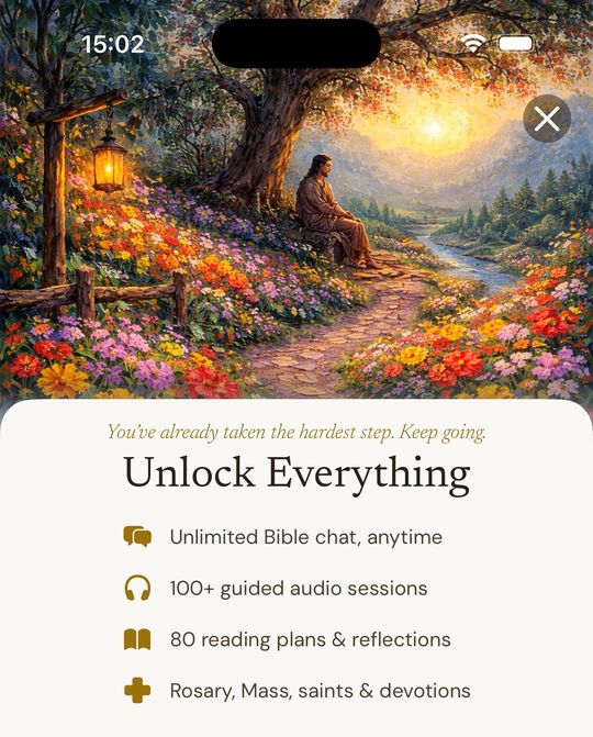Bible Friend on iPhone: a painted garden with Jesus resting under a tree, above the app's list of features